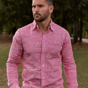 Banana Republic Men M Red Gingham Check DENIM Roll Tab Long‎ Sleeve Button Retro